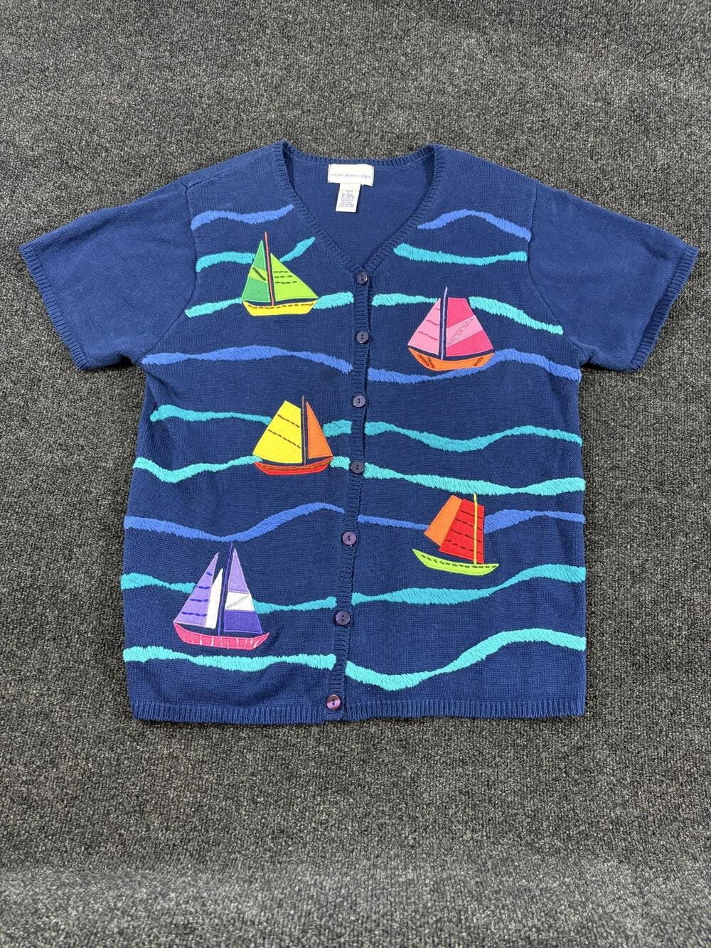 Susan Graver Style Cardigan Womens L Blue Sailboat Nautical Short Sleeve Knit